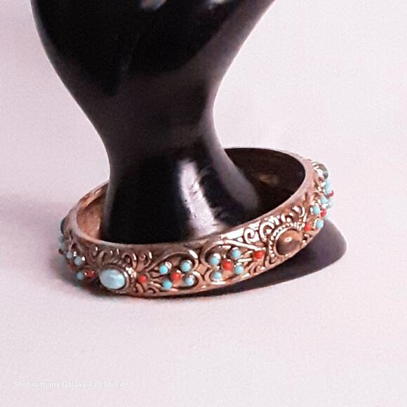 Graziano Bangle Bracelet Mutlicolor Stone Encrusted Heavy Gold Tone Metal - Picture 2 of 8